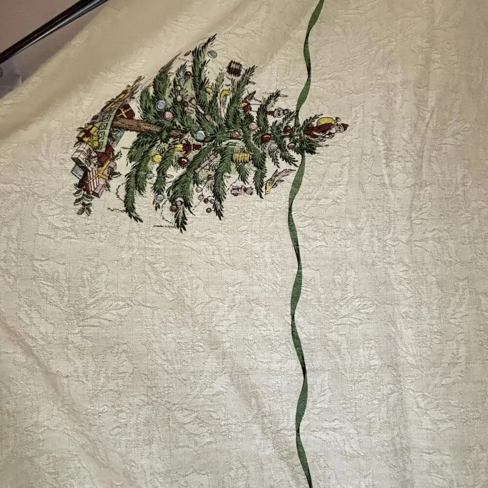 Spode Christmas Tree Tablecloth 114x56 Ivory Green Holiday Cotton Blend